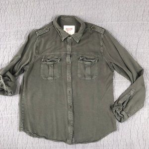 4/$15 Mossimo Shirt Women Large Safari Gray Roll Tab Sleeves Pockets Epaulets